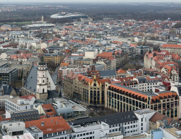 View over inner city of Leipzig with Thomaskirche